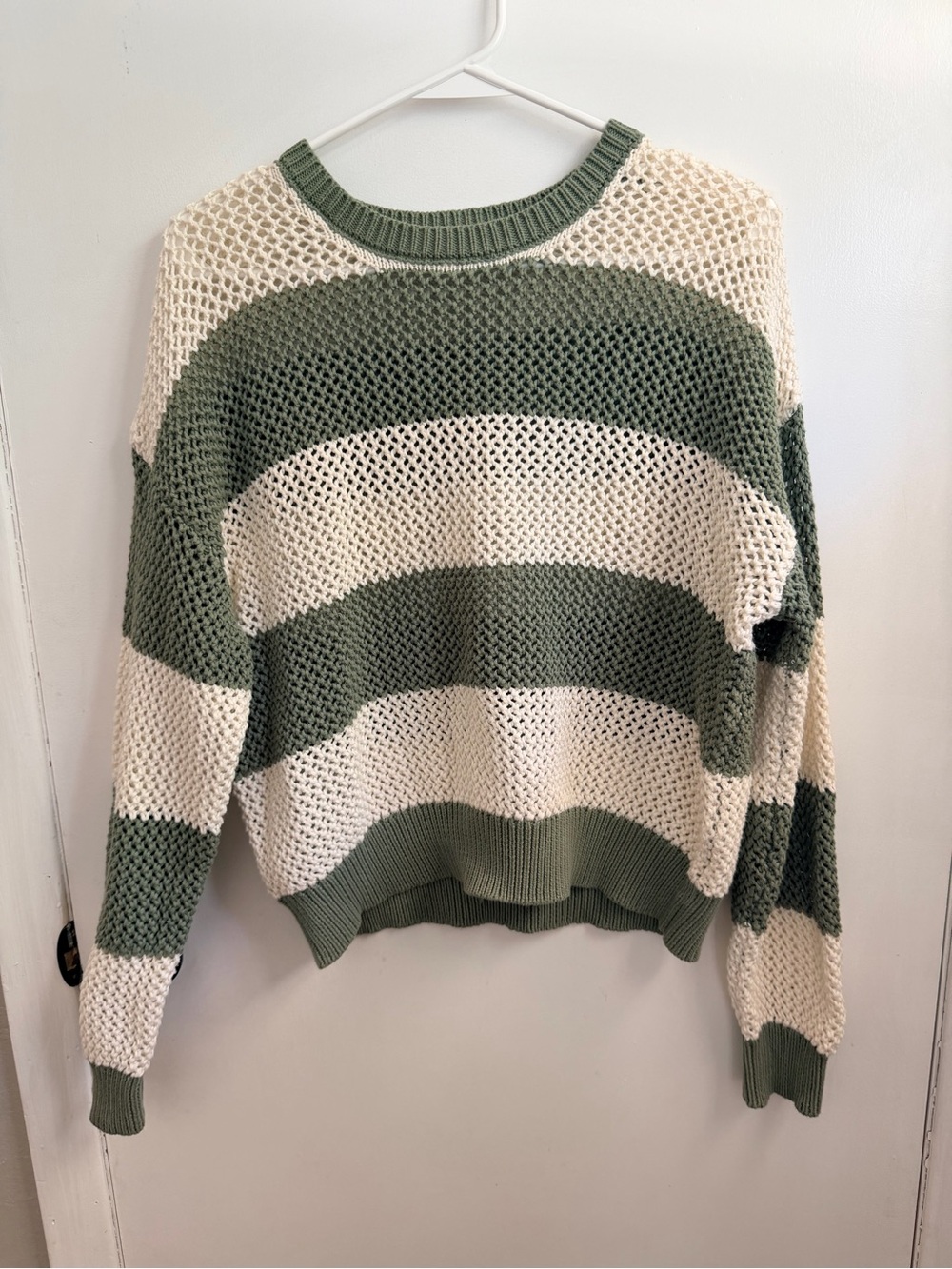 Open-Knit Striped Scoop Sweater - Cream & Olive Green
